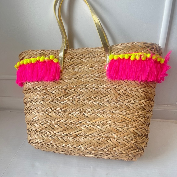 Lilly Pulitzer Straw Baja Tassel Pompom Colorful Tote Beach Pool Vacation - Picture 3 of 9